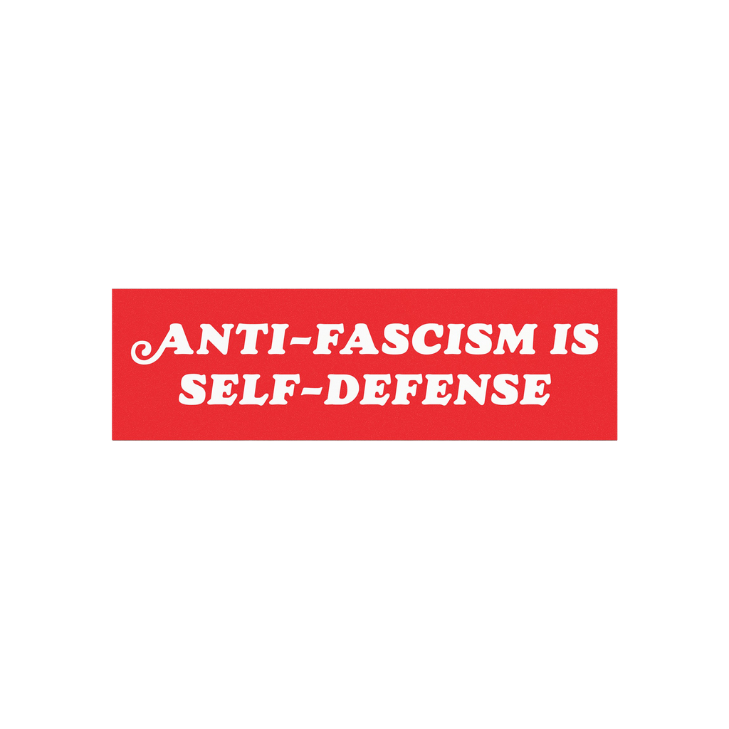 Anti-Fascism Is Self-Defense Sticker & Magnet featuring a crowded protest scene with a bold red banner. Available as a durabl