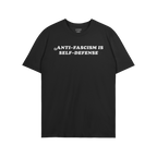 The Anti Fascism Is Self Defense Shirt displays a bold slogan in white on a black crew-neck T-shirt, embodying activism and r