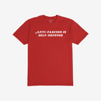 Anti Fascism Is Self Defense Shirt with white block text on red, conveying a powerful message of activism and resistance. The collar features a small label, supporting ACLU.