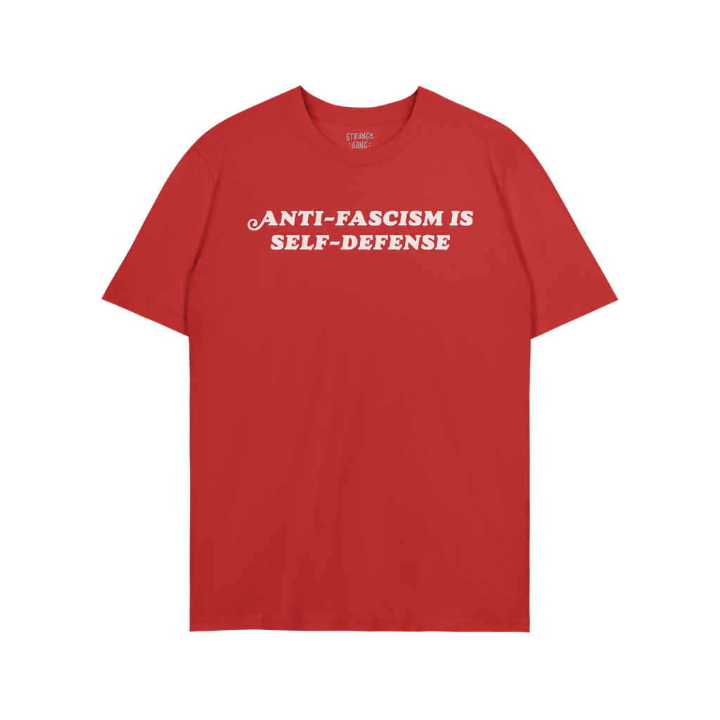 Anti Fascism Is Self Defense Shirt with white block text on red, conveying a powerful message of activism and resistance. The