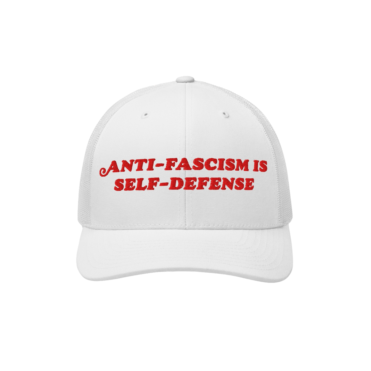 White mesh-back trucker hat with bold red embroidery reading “ANTI-FASCISM IS SELF-DEFENSE,” embodying activism and resis
