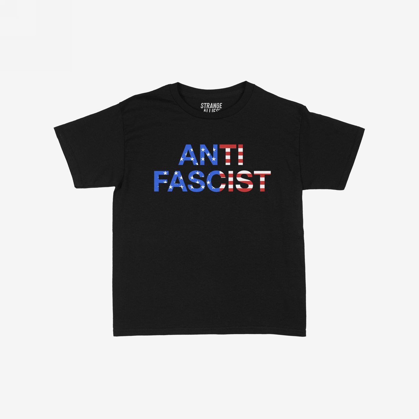 Anti-Fascist USA Classic Women's Baby Tee features ANTIFASCIST in bold, American-flag motif letters, showcasing a statement against oppression and authoritarianism. Designed for impactful expression in any setting.