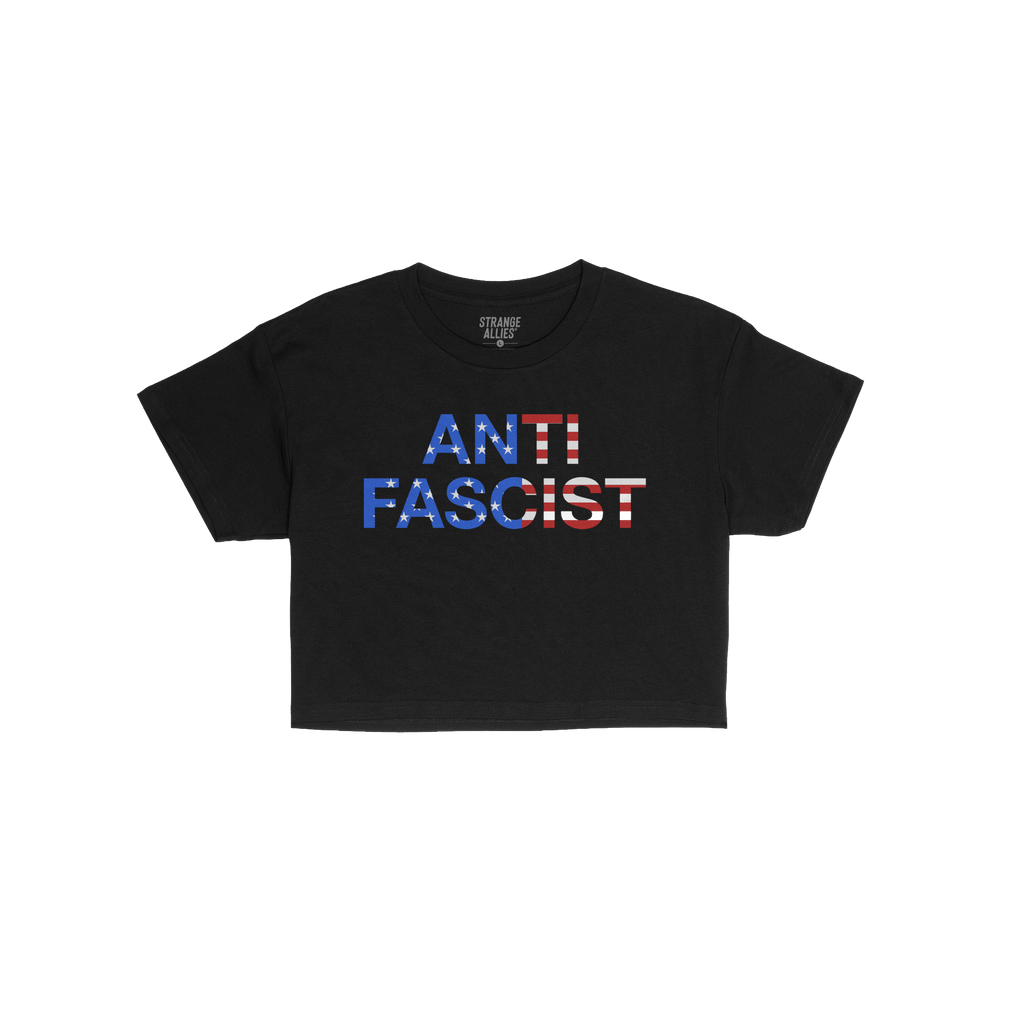 Anti-Fascist USA Classic Women's Baby Tee features ANTIFASCIST in bold, American-flag motif letters, showcasing a statement a
