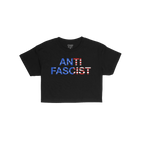 Anti-Fascist USA Classic Women's Baby Tee features ANTIFASCIST in bold, American-flag motif letters, showcasing a statement a