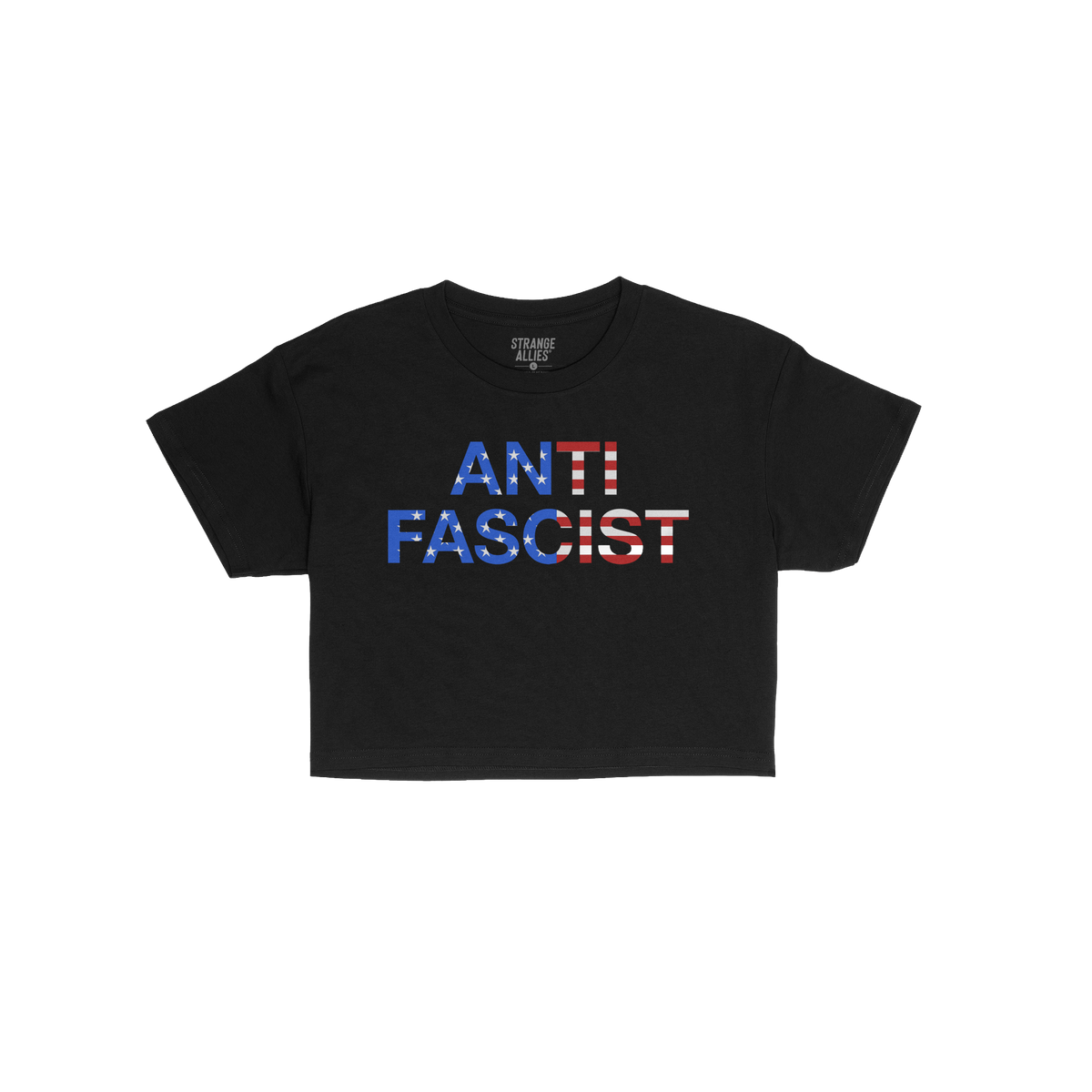 Anti-Fascist USA Classic Women's Baby Tee features ANTIFASCIST in bold, American-flag motif letters, showcasing a statement a