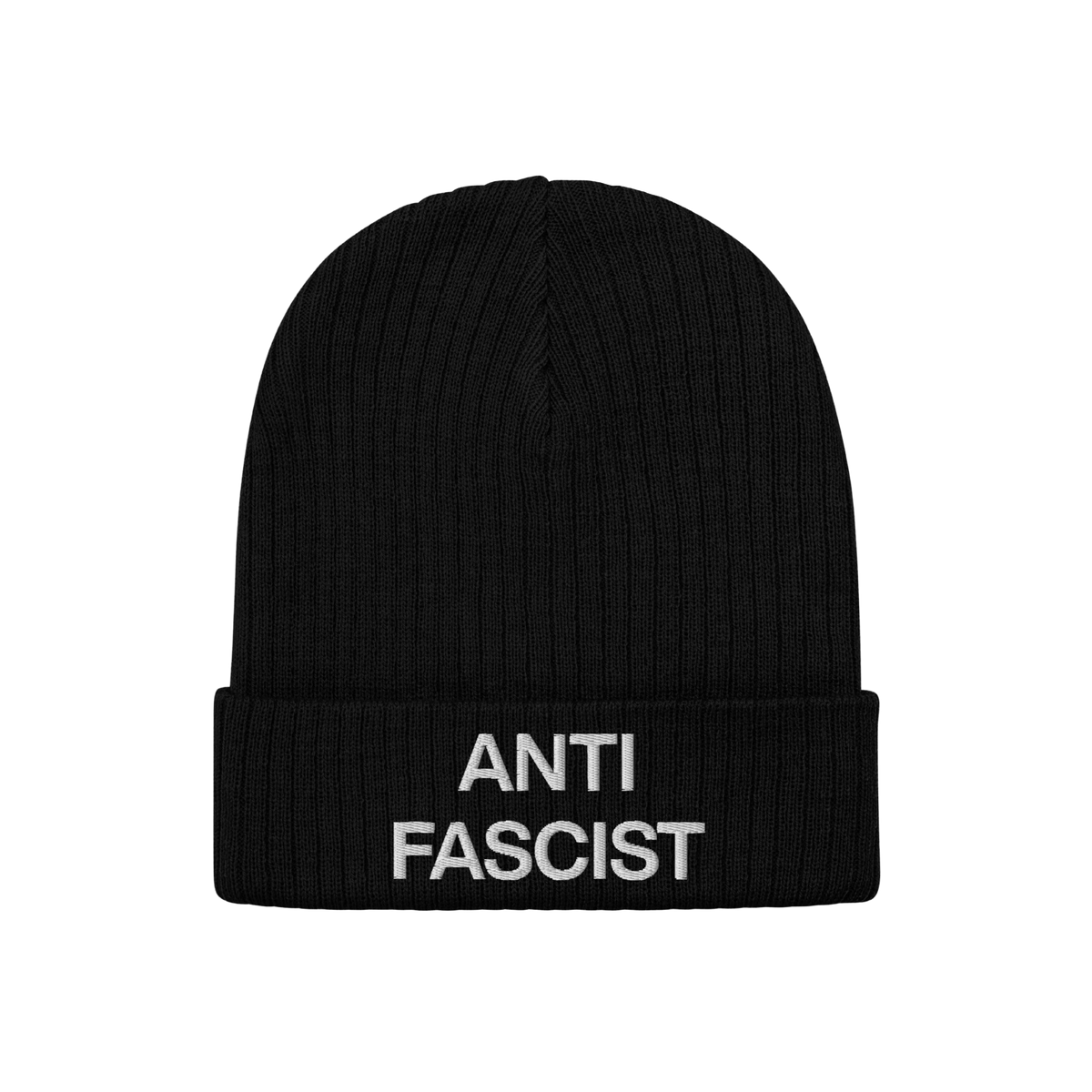 Black rib-knit beanie with “ANTI FASCIST” embroidered in white on the cuff, representing the Anti-Fascist Classic Hat—a