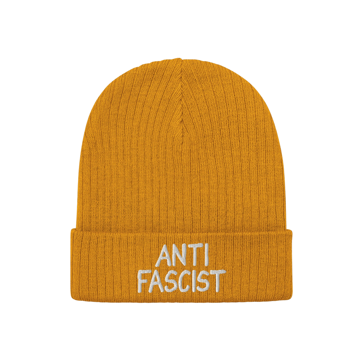 Anti Fascist Hat: A mustard-yellow, ribbed knit beanie with “ANTI FASCIST” embroidered in white on the cuff, embodying et