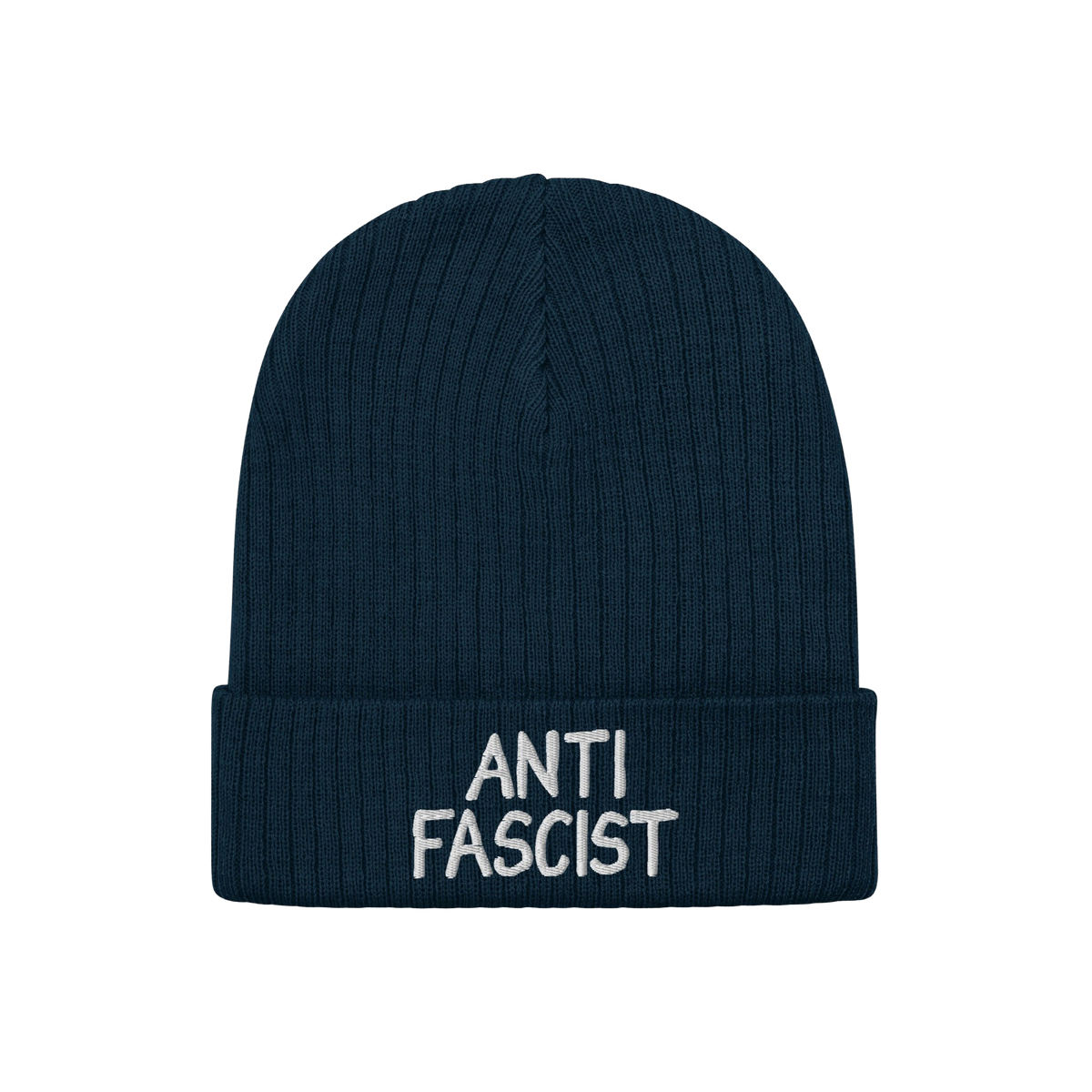 Dark navy-blue ribbed knit beanie with ANTI FASCIST embroidered in white on the cuff, embodying revolutionary style and ethic
