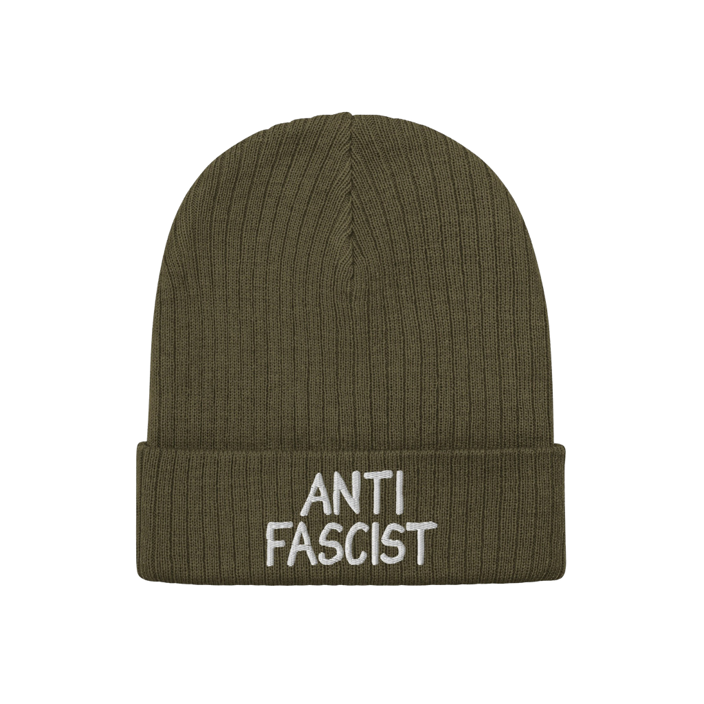 Anti Fascist Hat: An olive-green ribbed knit beanie with white ANTI FASCIST embroidery on the cuff, embodying a stylish, unis