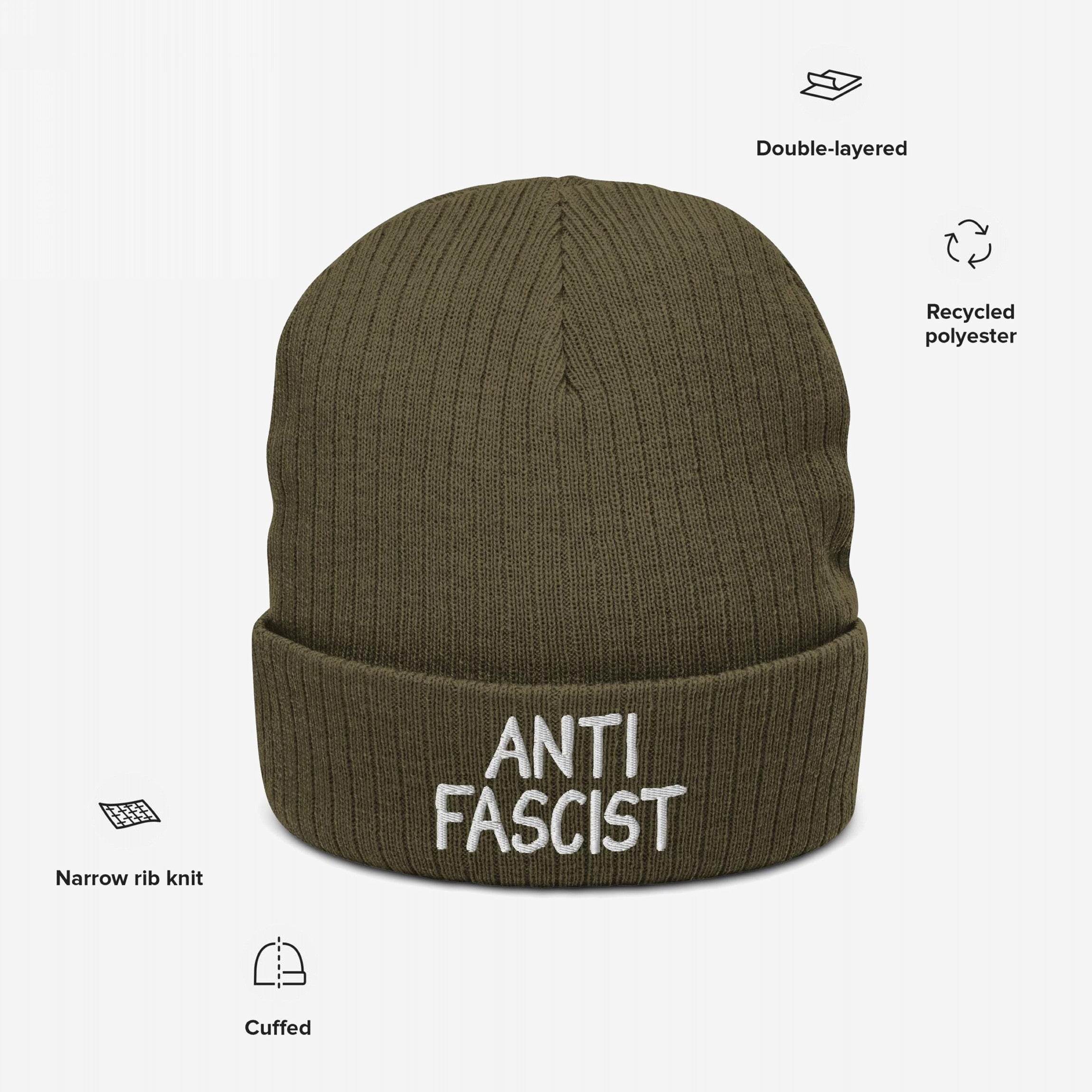 Anti Fascist Hat with ANTI FASCIST embroidery on olive-green, rib-knit, double-layered cuffed beanie made from recycled polyester, highlighting ethical, unisex design for style-conscious activism. Benefits ACLU.