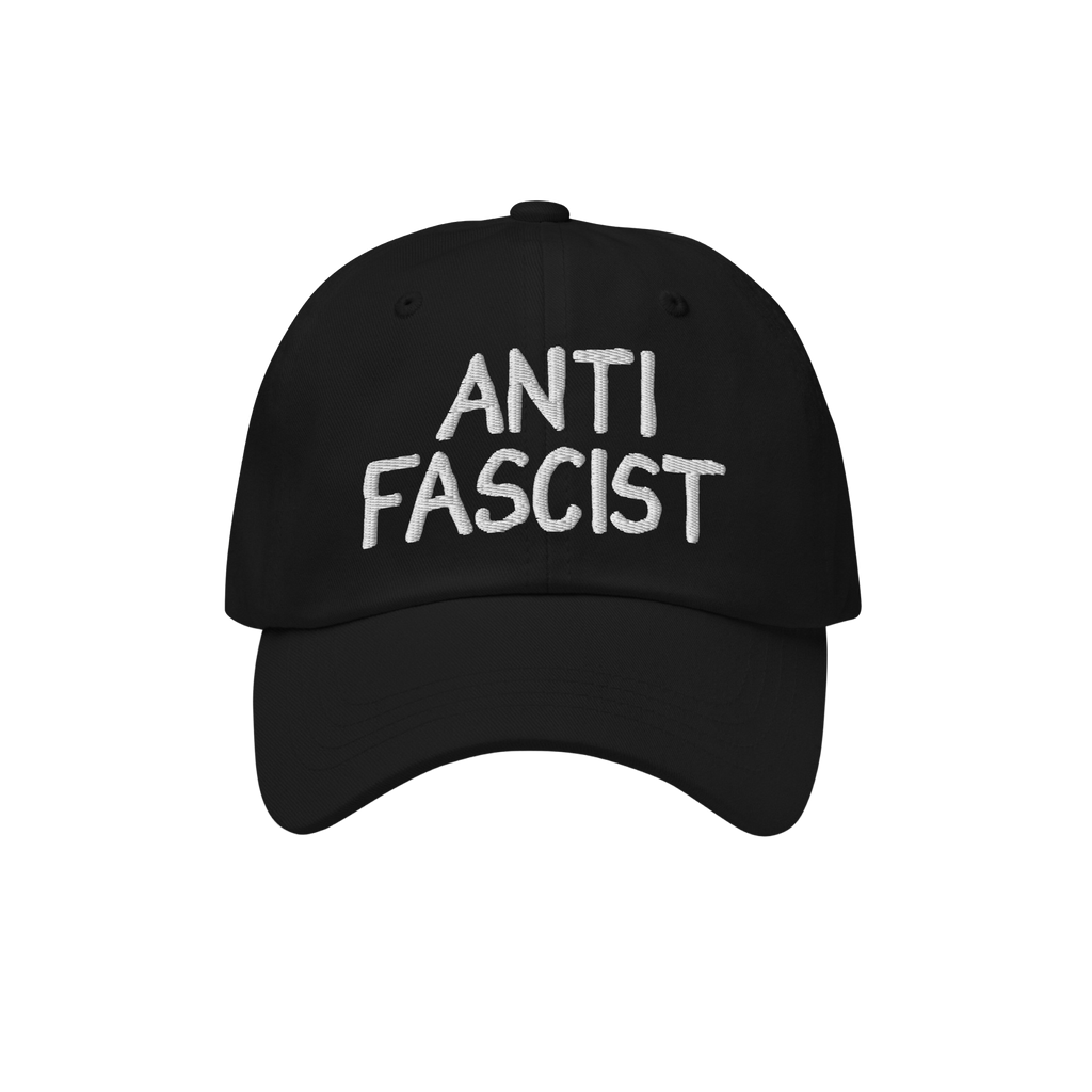 Black Anti Fascist Hat featuring “ANTI FASCIST” embroidered in white on the front. This unisex cap combines activism with