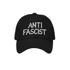 Black Anti Fascist Hat featuring “ANTI FASCIST” embroidered in white on the front. This unisex cap combines activism with