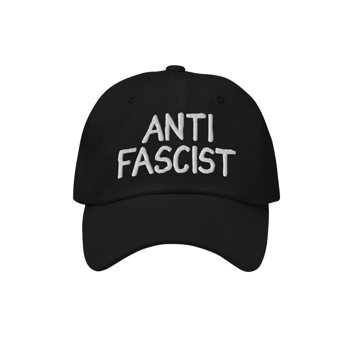 Black Anti Fascist Hat featuring “ANTI FASCIST” embroidered in white on the front. This unisex cap combines activism with