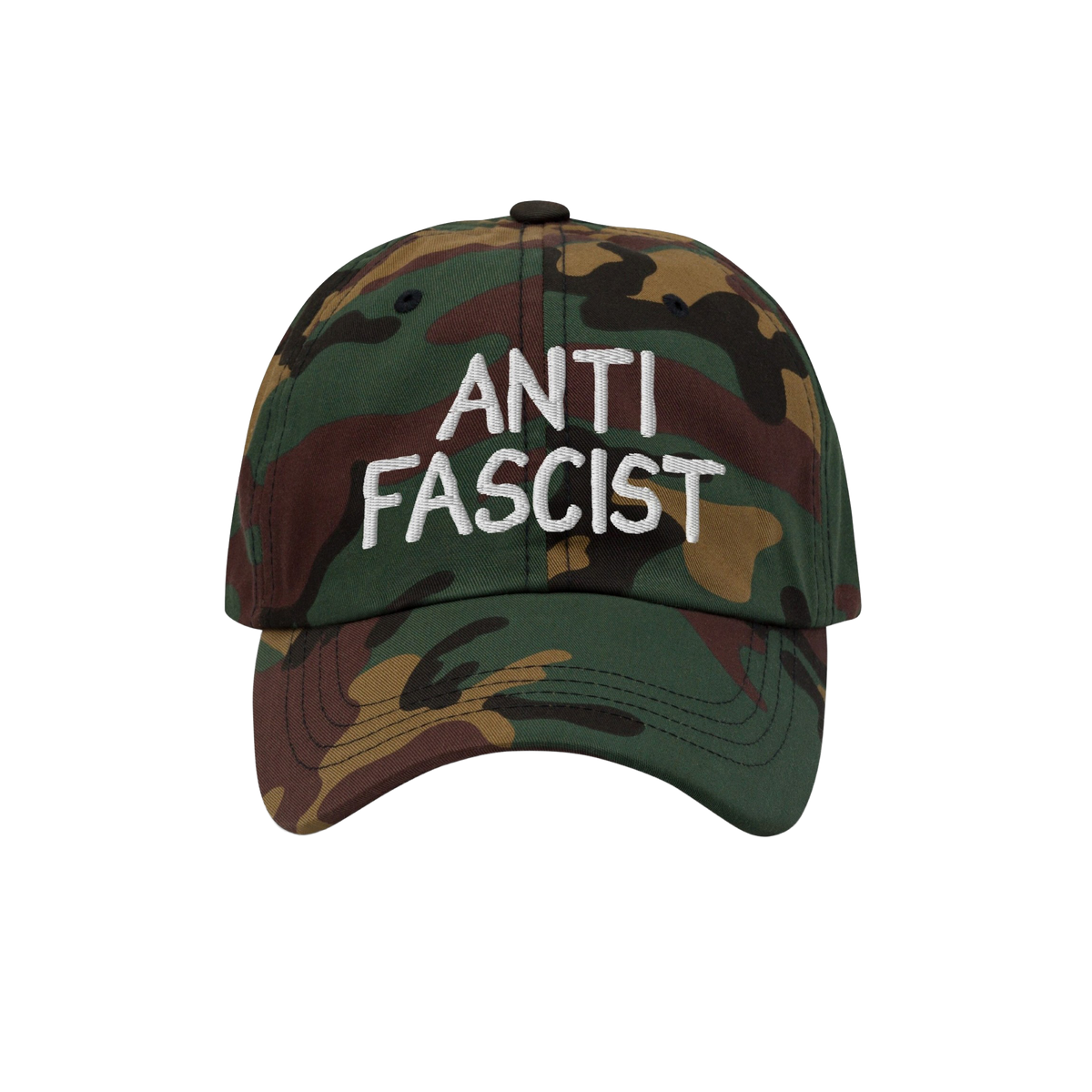 Woodland-camo baseball cap with ANTI FASCIST in white embroidery, combining style with activism. Ethically made, unisex, desi