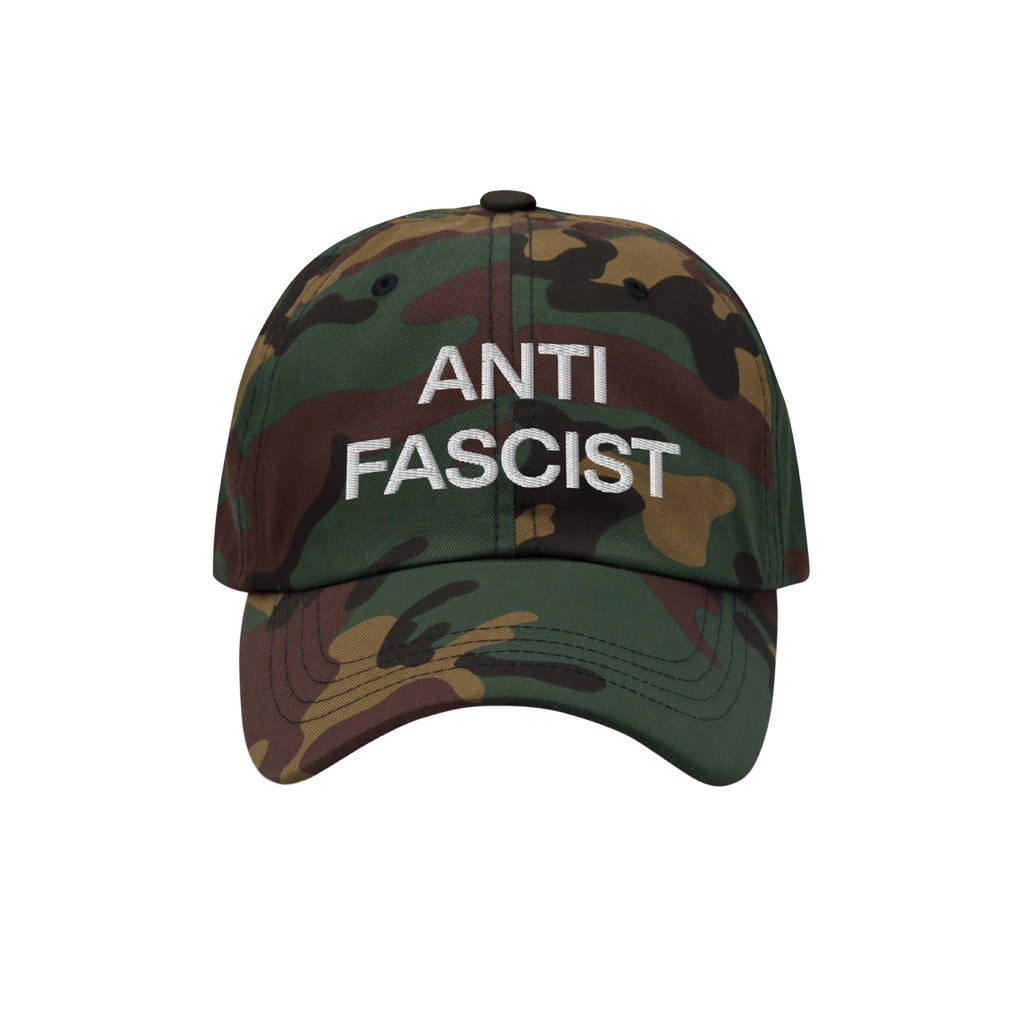Camo-patterned Anti-Fascist Classic Hat with ANTI FASCIST embroidered in white, embodying bold resistance and timeless style.