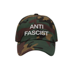 Camo-patterned Anti-Fascist Classic Hat with ANTI FASCIST embroidered in white, embodying bold resistance and timeless style.