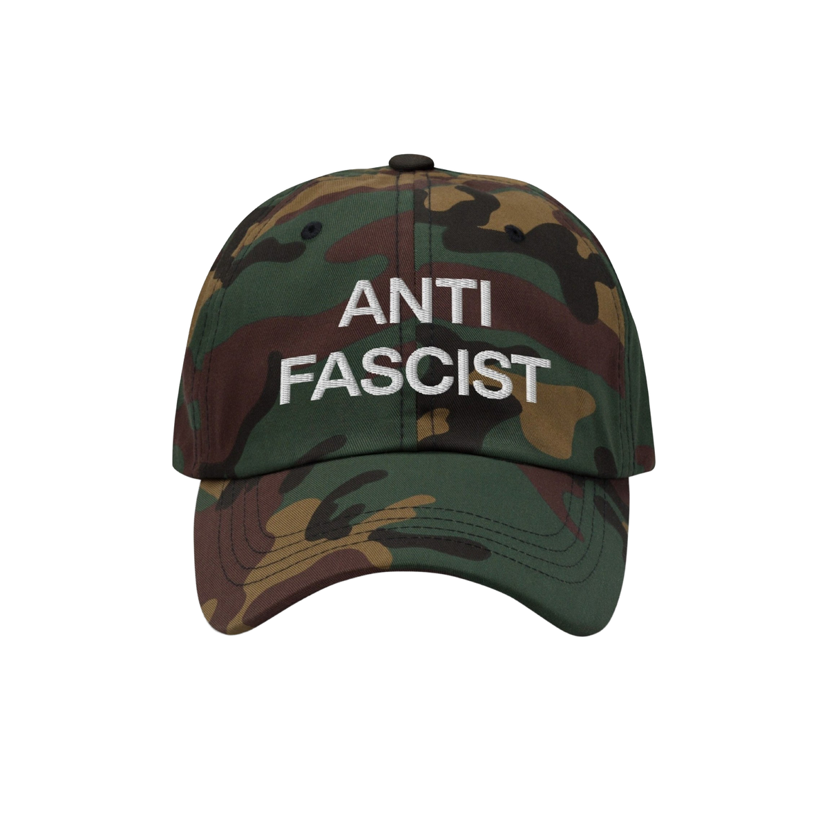 Camo-patterned Anti-Fascist Classic Hat with ANTI FASCIST embroidered in white, embodying bold resistance and timeless style.