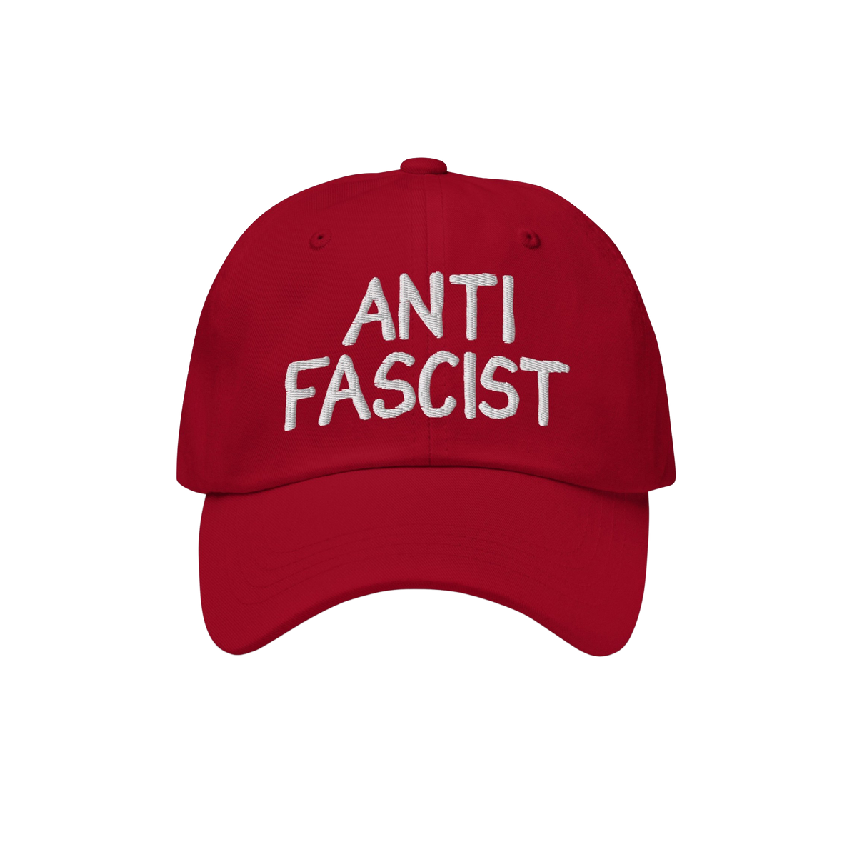 Anti Fascist Hat featuring ANTI FASCIST in white hand-drawn embroidery on a red baseball-style cap, embodying a stylish stand