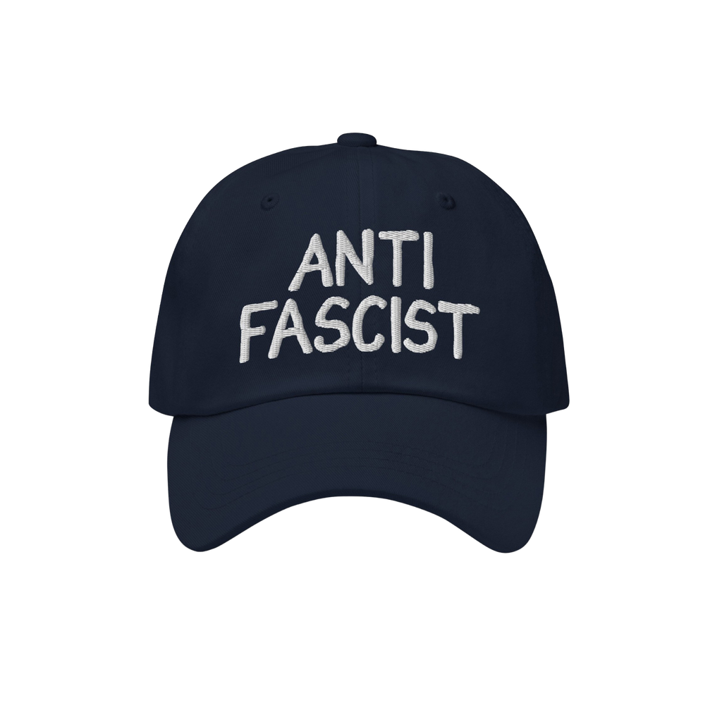 Navy-blue Anti Fascist Hat with ANTI FASCIST embroidered in white, symbolizing resistance and style. Unisex and ethically cra