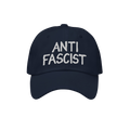 Navy-blue Anti Fascist Hat with ANTI FASCIST embroidered in white, symbolizing resistance and style. Unisex and ethically cra