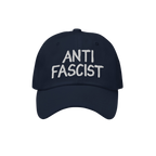 Navy-blue Anti Fascist Hat with ANTI FASCIST embroidered in white, symbolizing resistance and style. Unisex and ethically cra