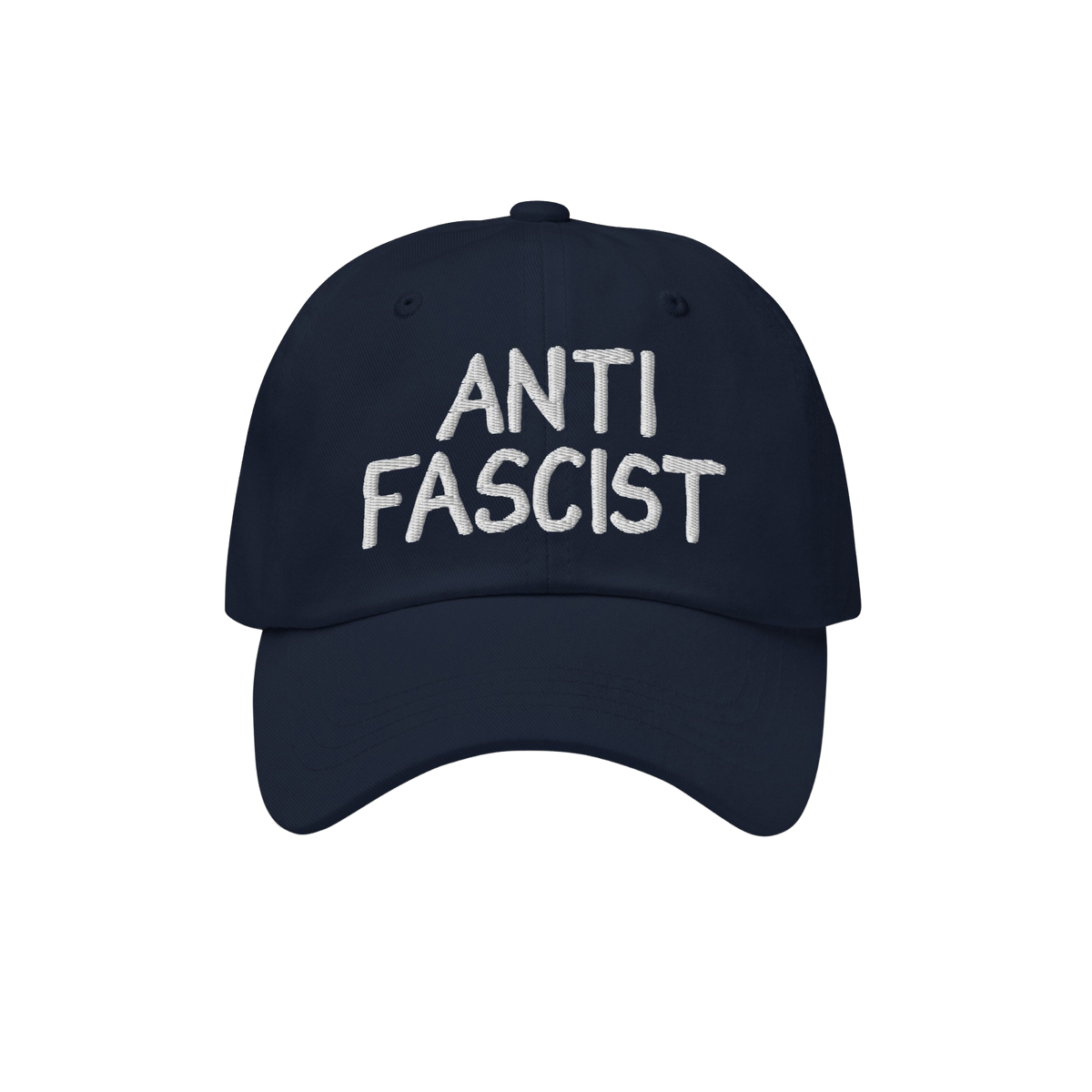 Navy-blue Anti Fascist Hat with ANTI FASCIST embroidered in white, symbolizing resistance and style. Unisex and ethically cra