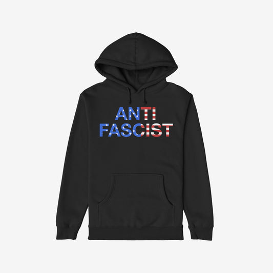 Black pullover hoodie titled Anti-Fascist USA Classic Hoodie & Sweatshirt featuring ANTI FASCIST in bold with an American flag motif, symbolizing activism and patriotism against tyranny.