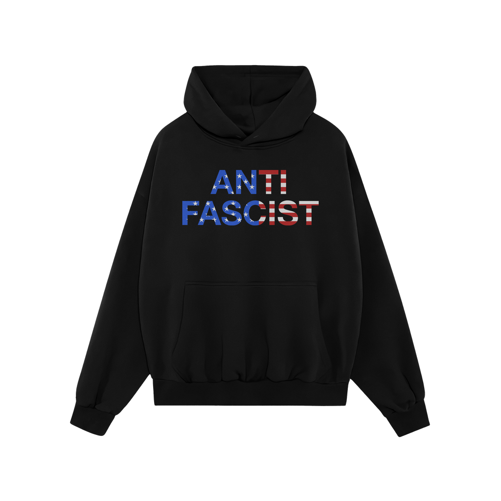 Black pullover hoodie titled Anti-Fascist USA Classic Hoodie & Sweatshirt featuring ANTI FASCIST in bold with an American fla