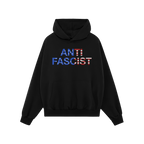 Black pullover hoodie titled Anti-Fascist USA Classic Hoodie & Sweatshirt featuring ANTI FASCIST in bold with an American fla