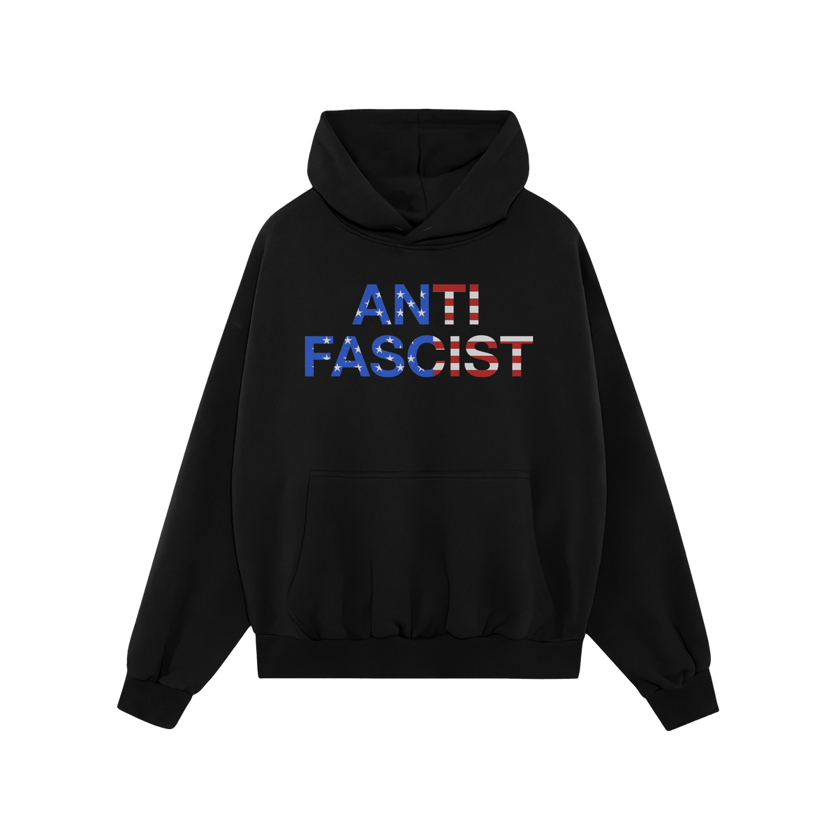 Black pullover hoodie titled Anti-Fascist USA Classic Hoodie & Sweatshirt featuring ANTI FASCIST in bold with an American fla