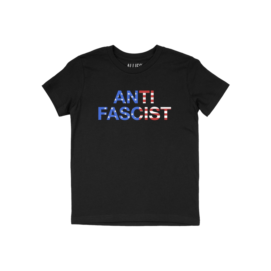 Anti-Fascist USA Classic T-shirt features a bold ANTI FASCIST slogan with a U.S.-flag motif, symbolizing defiance against fas