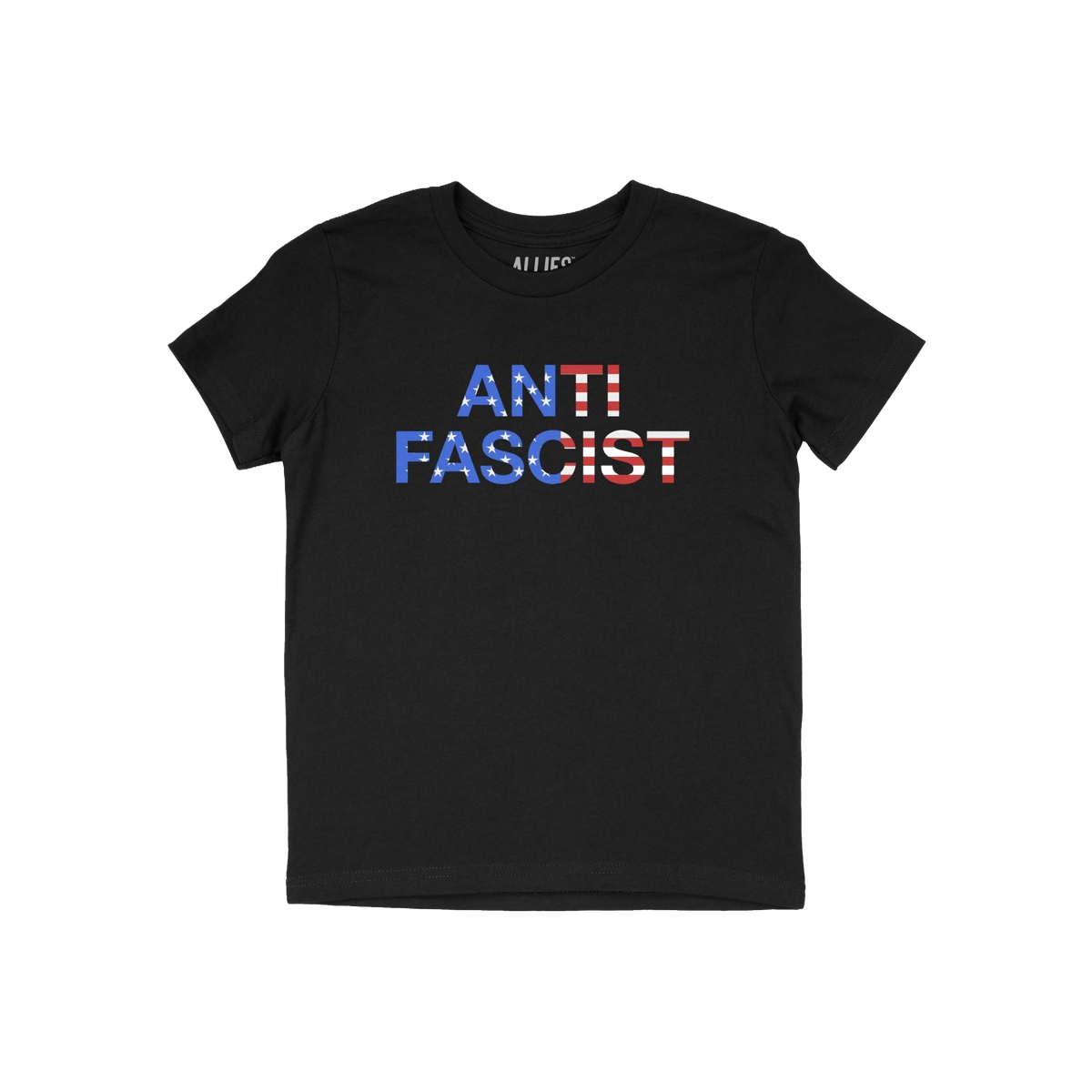 Anti-Fascist USA Classic T-shirt features a bold ANTI FASCIST slogan with a U.S.-flag motif, symbolizing defiance against fas