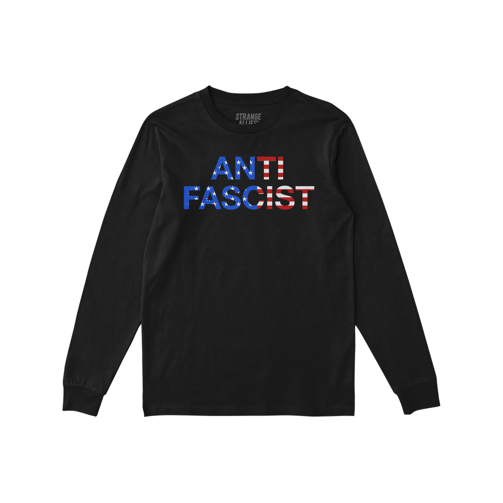 Anti-Fascist USA Classic T-shirt: Black long-sleeve shirt with ANTI FASCIST in American flag motif on chest. Designed for tho