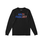 Anti-Fascist USA Classic T-shirt: Black long-sleeve shirt with ANTI FASCIST in American flag motif on chest. Designed for tho