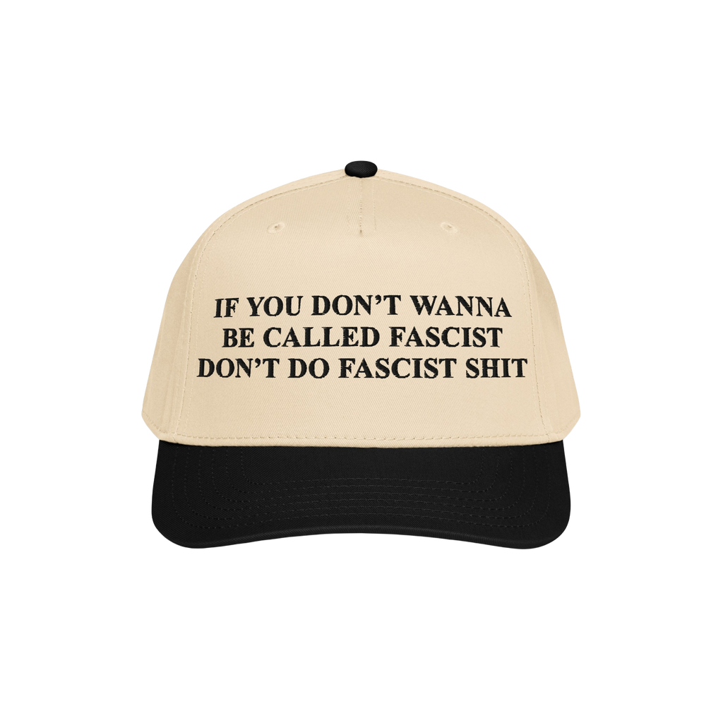 Anti-Fascist Retro 5-Panel Hat featuring a bold slogan in black text on its front panel, combining a light beige crown with a