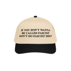 Anti-Fascist Retro 5-Panel Hat featuring a bold slogan in black text on its front panel, combining a light beige crown with a