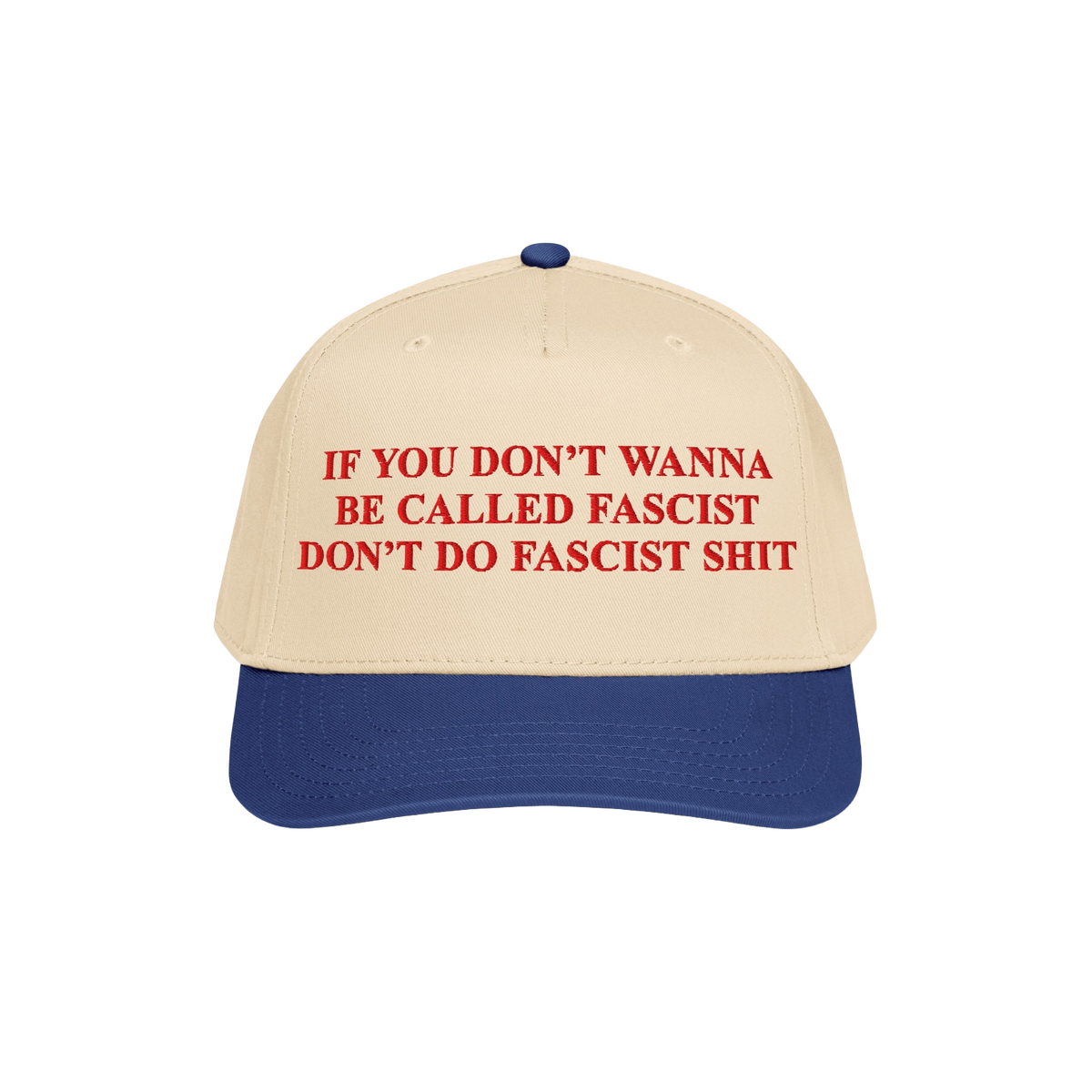 Anti-Fascist Retro 5-Panel Hat with bold, red embroidered message advocating against fascism on a structured, mid-profile cap