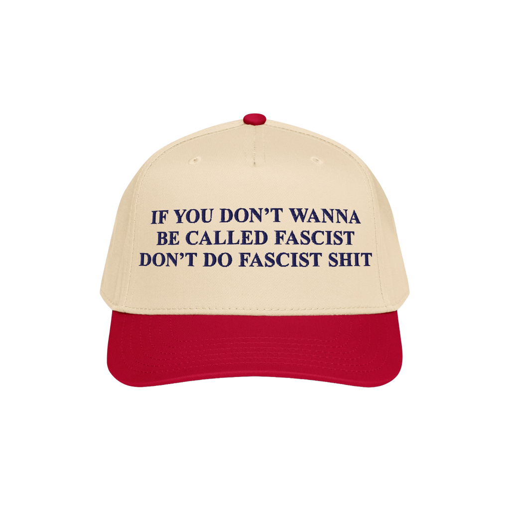 Anti-Fascist Retro 5-Panel Hat featuring bold dark blue lettering on a beige crown and red visor. Embroidered with a powerful