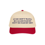 Anti-Fascist Retro 5-Panel Hat featuring bold dark blue lettering on a beige crown and red visor. Embroidered with a powerful