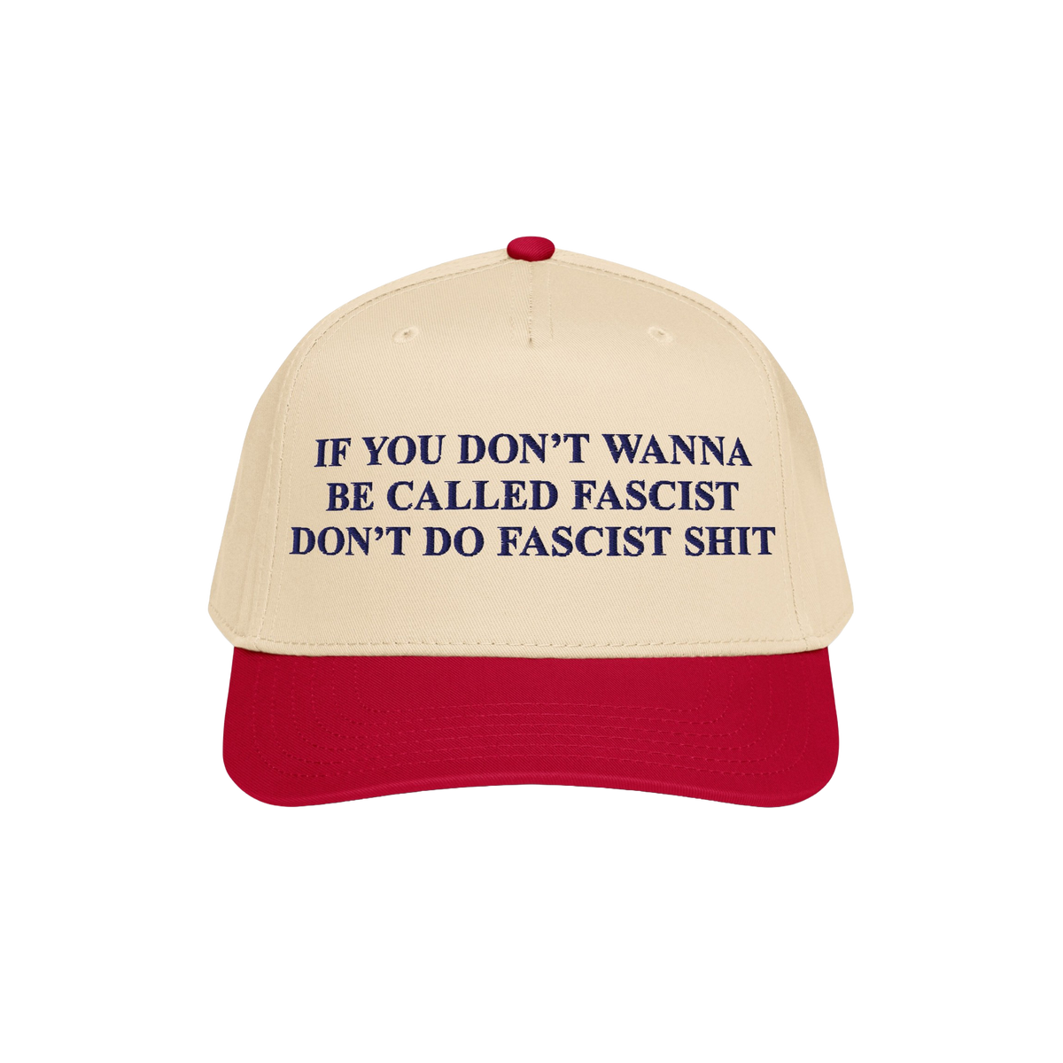 Anti-Fascist Retro 5-Panel Hat featuring bold dark blue lettering on a beige crown and red visor. Embroidered with a powerful