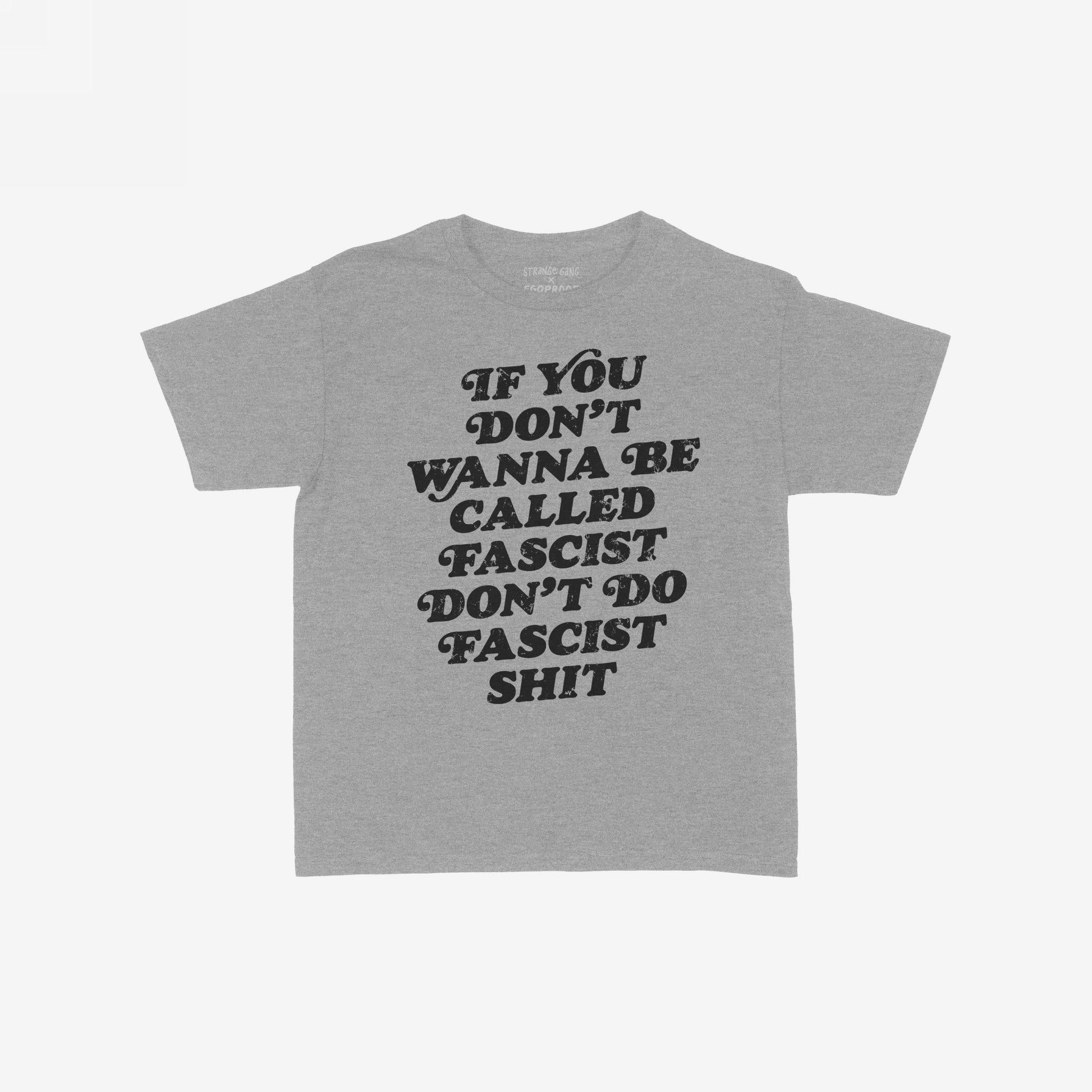 Anti-Fascist Retro Women's Baby Tee featuring a bold black slogan on a grey background, making a fierce statement against fascism. This cropped tee combines retro style with an outspoken attitude.