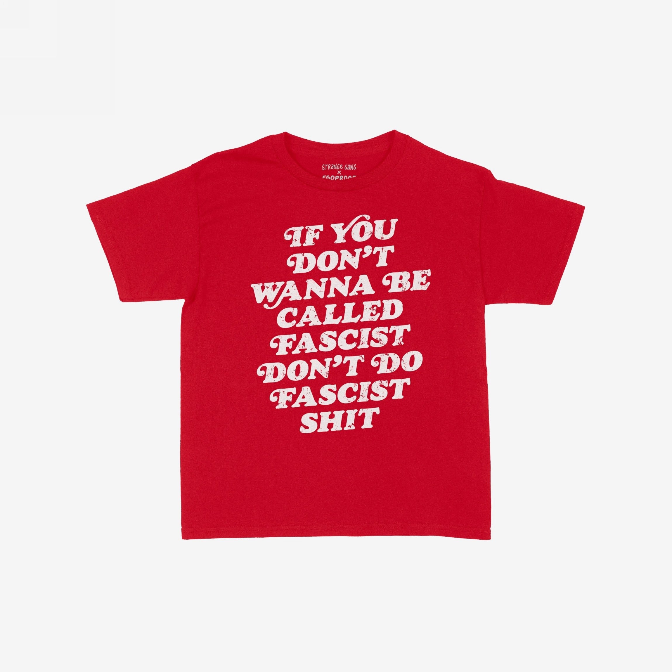 Anti-Fascist Retro Women's Baby Tee with bold, white lettering slogan advocating against fascism on a red crew-neck, cropped design, embodying a spirited, outspoken style that aligns with values of equality and resistance.