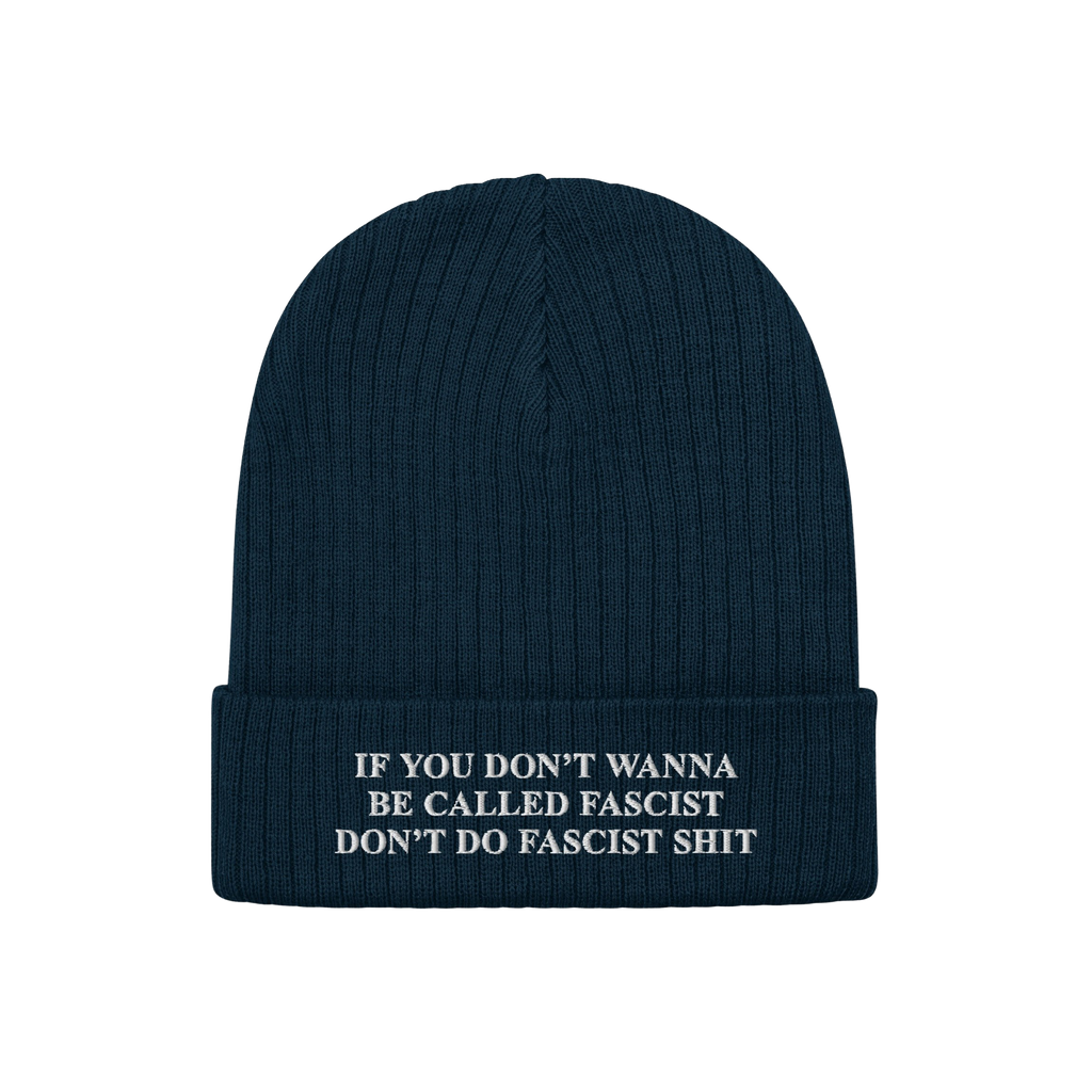 Anti-Fascist Retro Hat: Dark-blue ribbed knit beanie with bold white slogan on cuff, embodying resistance and statement-makin