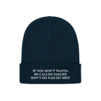Anti-Fascist Retro Hat: Dark-blue ribbed knit beanie with bold white slogan on cuff, embodying resistance and statement-makin