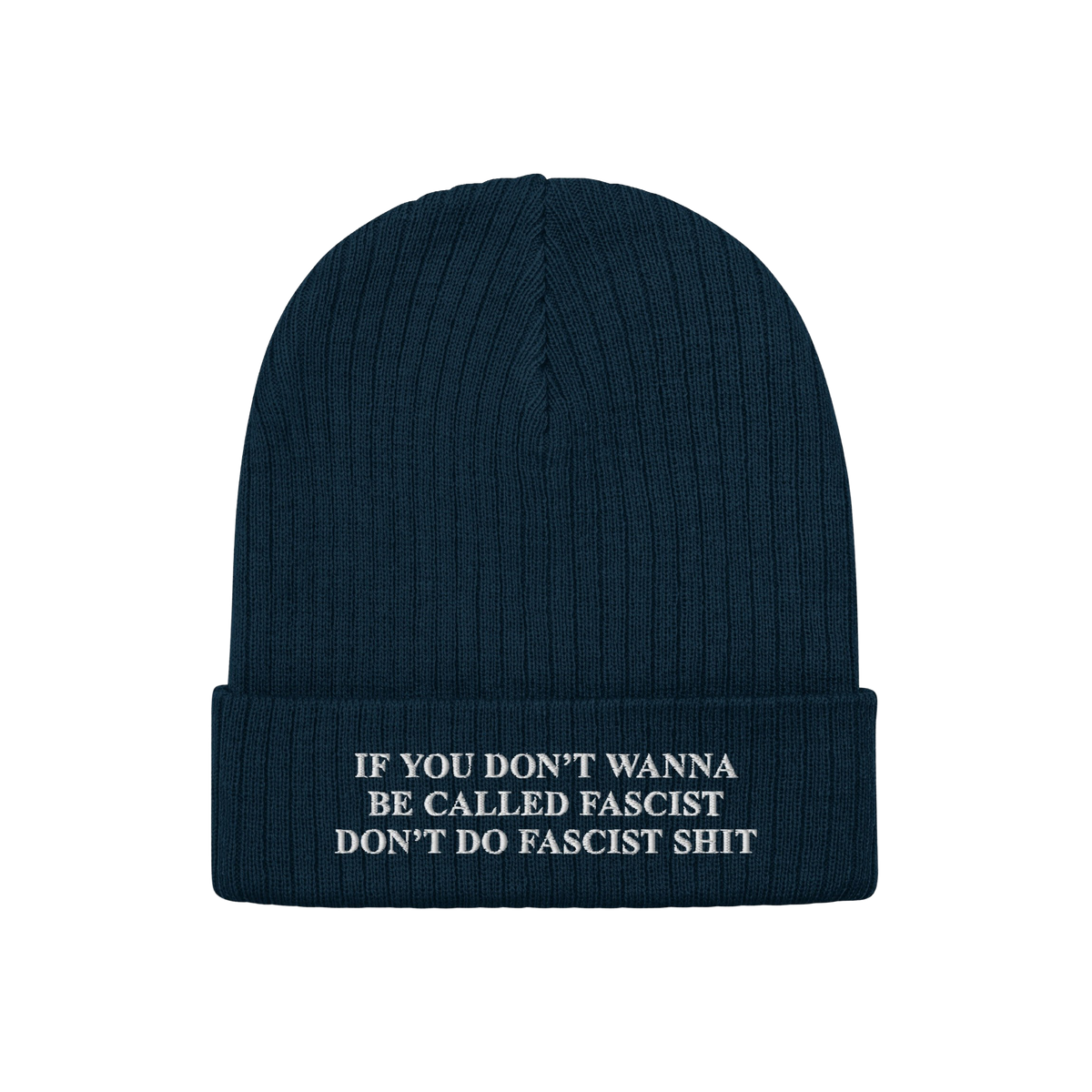 Anti-Fascist Retro Hat: Dark-blue ribbed knit beanie with bold white slogan on cuff, embodying resistance and statement-makin