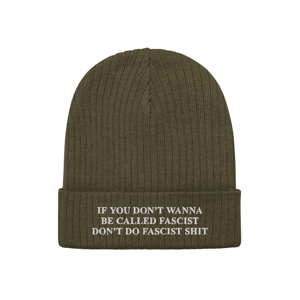 Olive-green Anti-Fascist Retro Hat, ribbed knit beanie style, with folded cuff. Displays bold, white embroidered message: If 