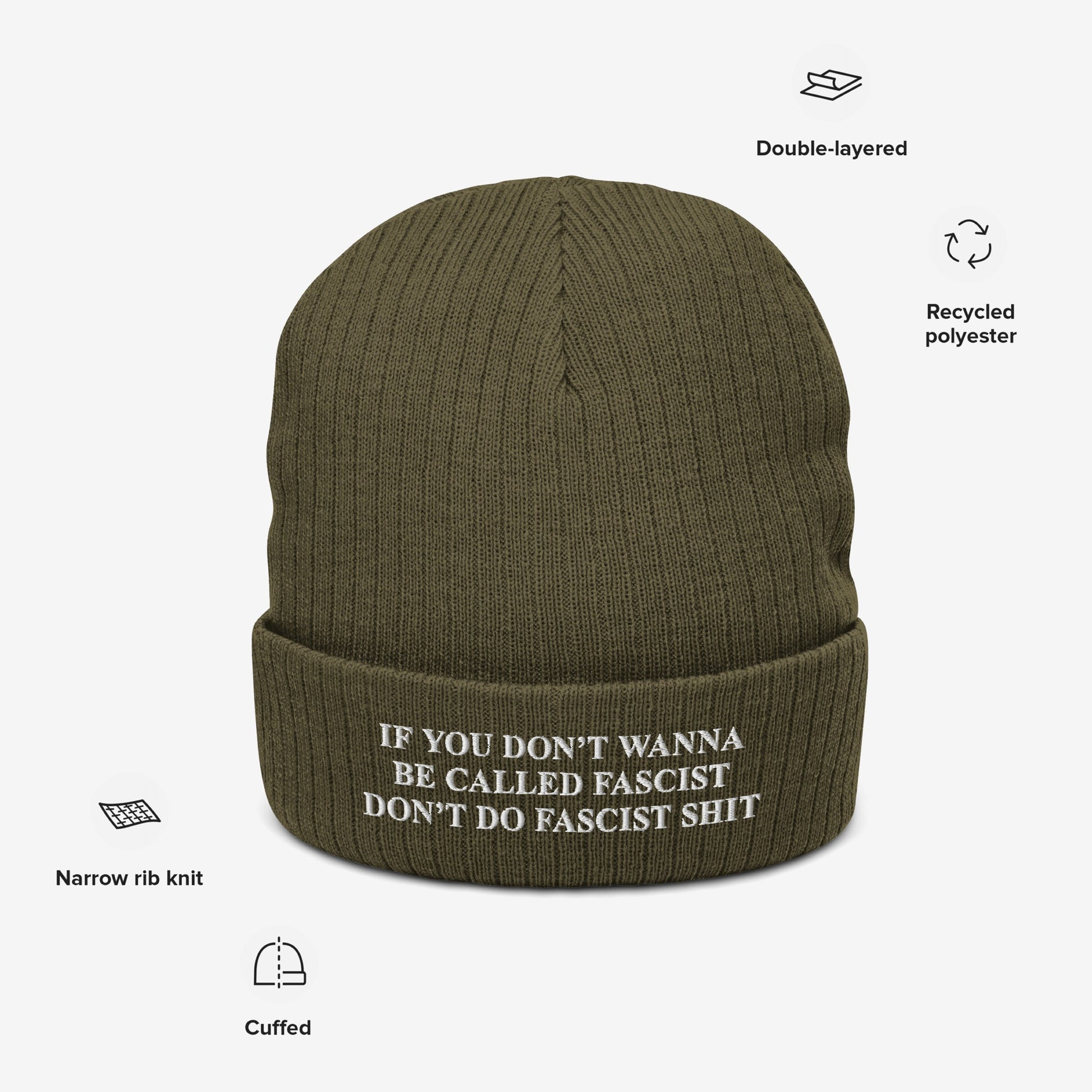 Anti-Fascist Retro Beanie featuring bold block white lettering with the slogan against fascism. This olive-green, double-layered knit hat is made from recycled polyester, perfect for making a statement.