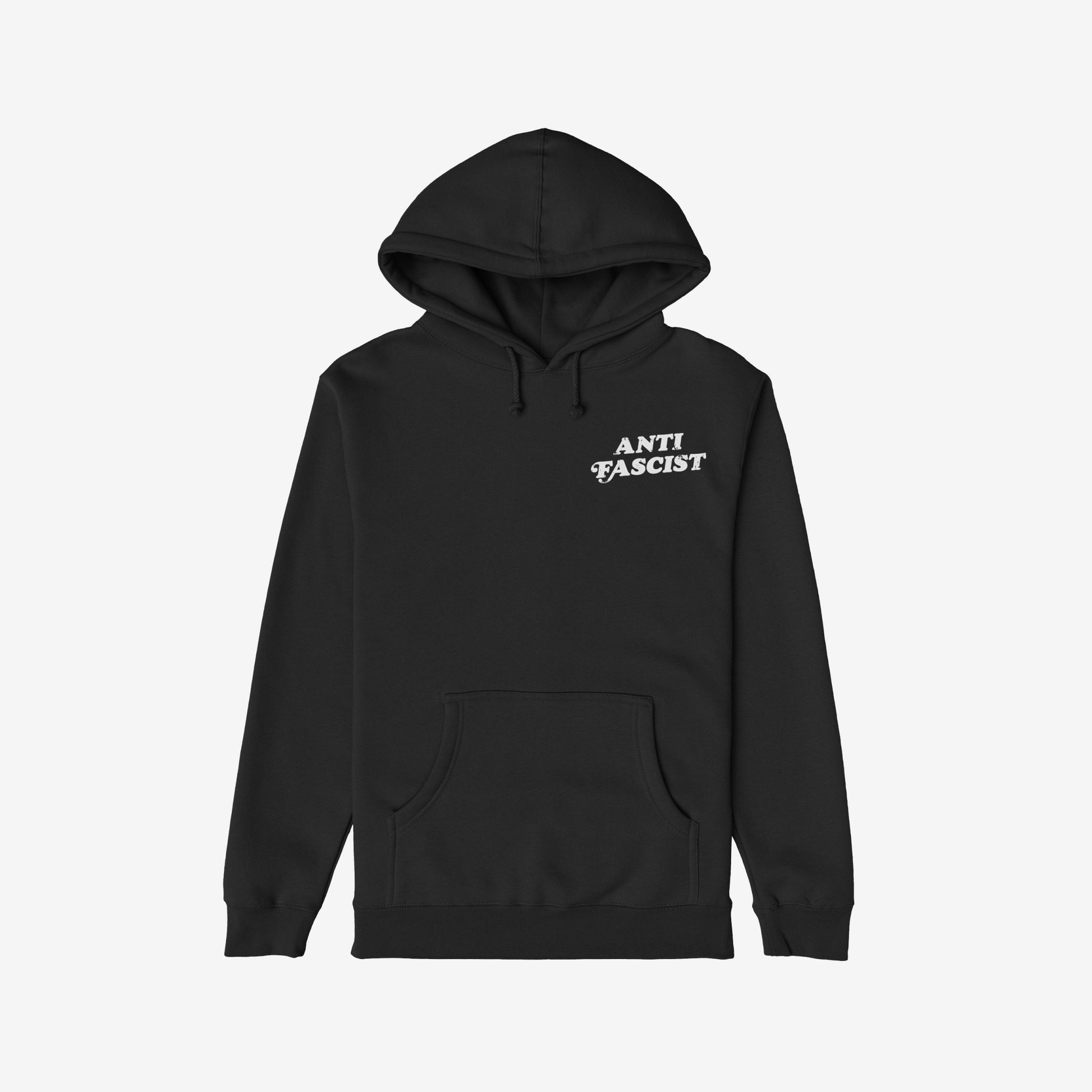 Black pullover hoodie titled Anti-Fascist Retro Shirt featuring a white ANTI FASCIST print on the left chest, kangaroo pocket, and drawstring hood. Part of a collection promoting equality and resistance.