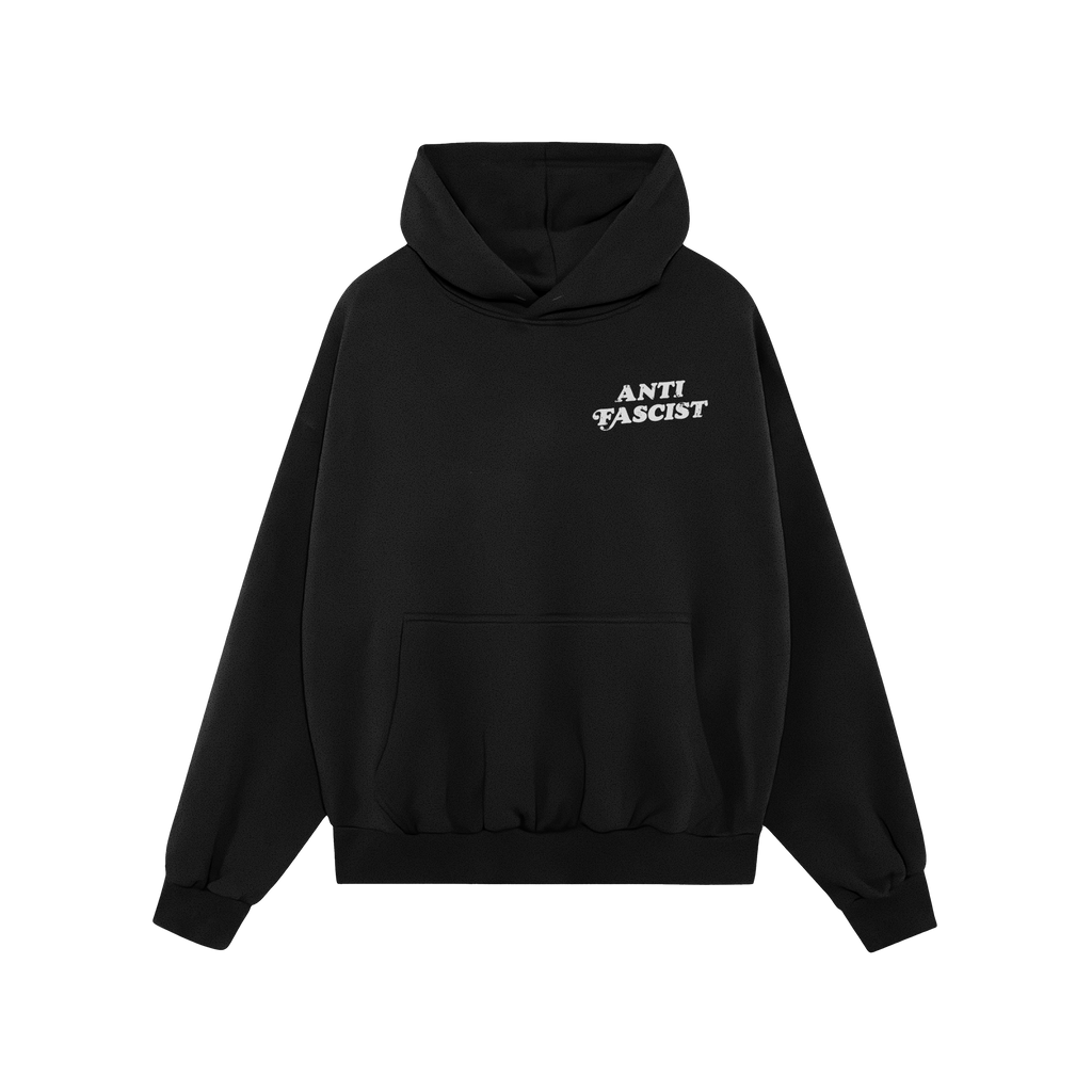 Black pullover hoodie titled Anti-Fascist Retro Shirt featuring a white ANTI FASCIST print on the left chest, kangaroo pocket