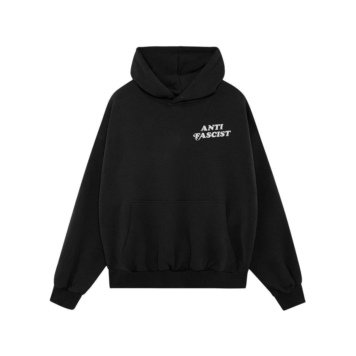 Black pullover hoodie titled Anti-Fascist Retro Shirt featuring a white ANTI FASCIST print on the left chest, kangaroo pocket
